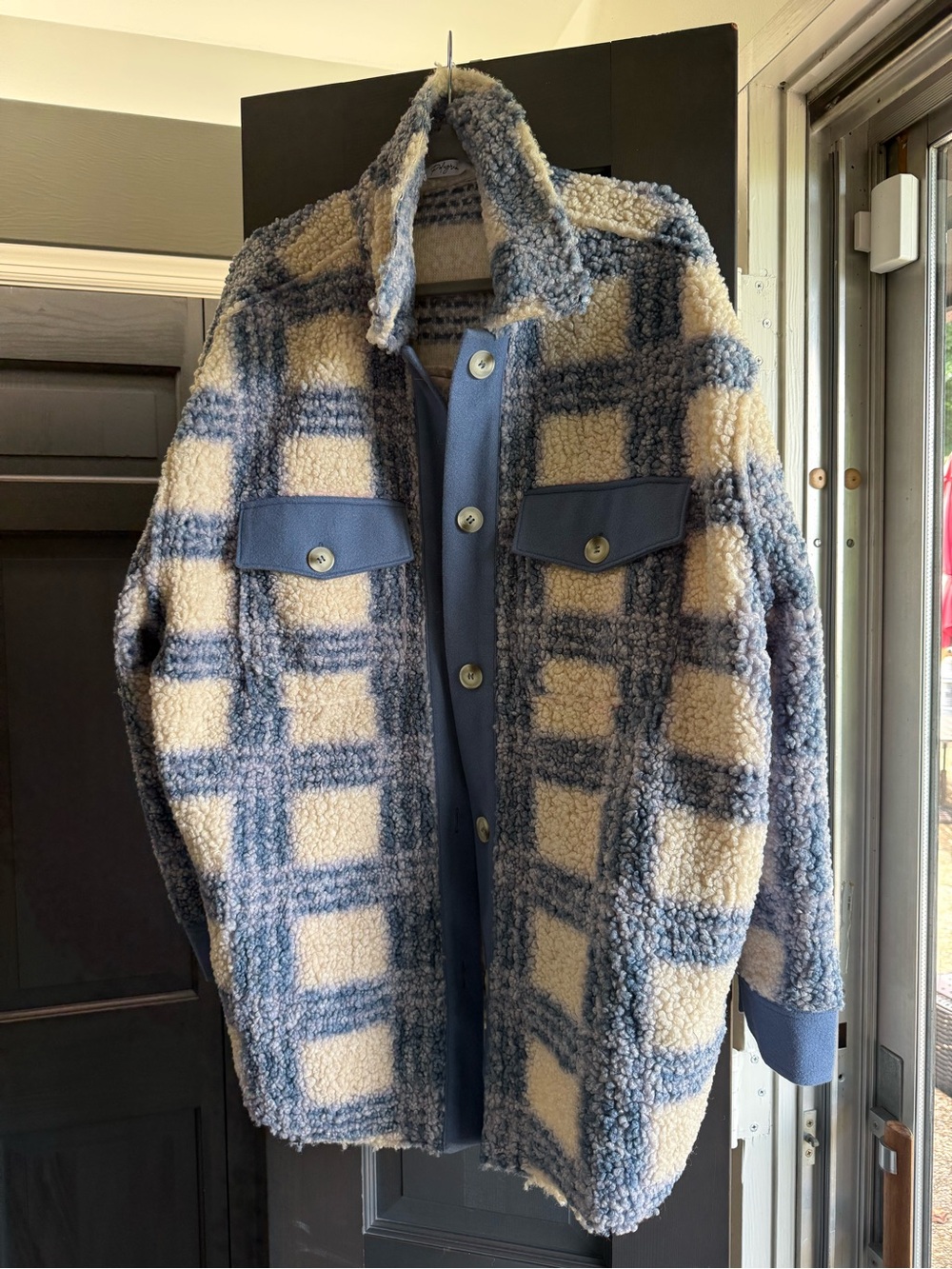Polagram Women's Blue Cream Checkered Sherpa Shacket Jacket Coat Fall Size 1X 2X